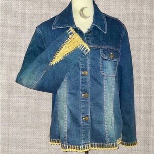 SANDRO Sportswear Denim Jean Bohemian Faux distress Jacket Crochet Accents  XL